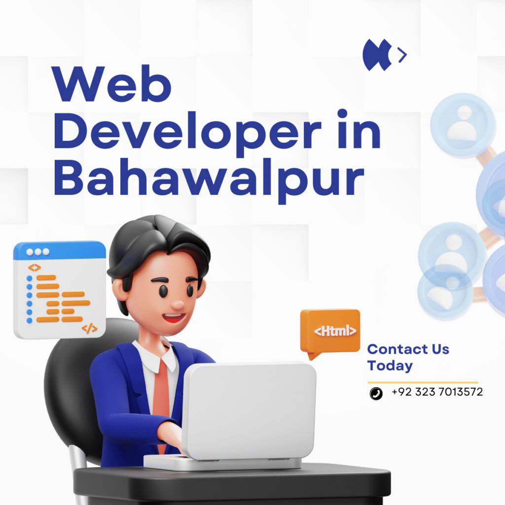 3D illustration of a web developer working on a laptop with HTML and coding icons, written Web Developer in Bahawalpur, with contact number +92 323 7013572 displayed