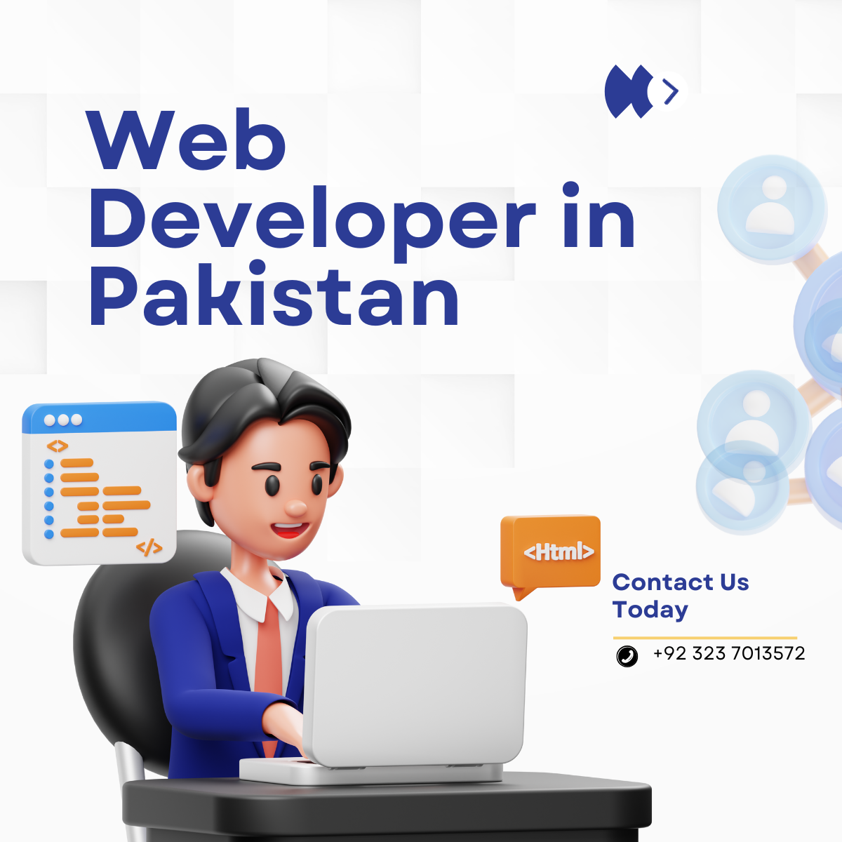 3D illustration of a web developer working on a laptop with HTML and coding icons, promoting web development services in Pakistan, with contact number +92 323 7013572 displayed