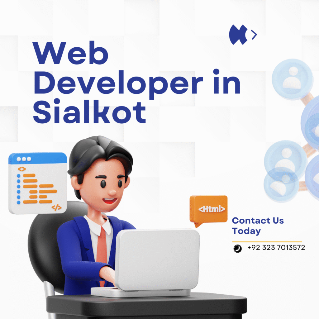 3D illustration of a web developer working on a laptop with HTML and coding icons, promoting web development services in Sialkot, with contact number +92 323 7013572 displayed