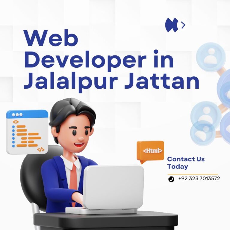3D illustration of a web developer working on a laptop with HTML and coding icons, promoting web development services in Jalalpur Jattan, with contact number +92 323 7013572 displayed
