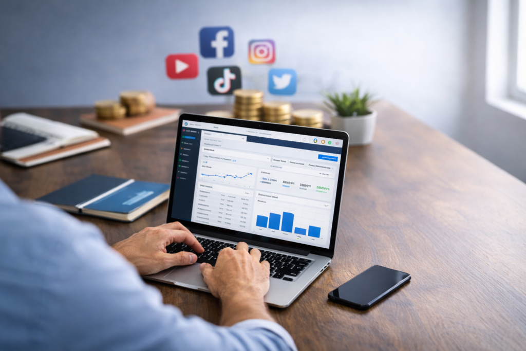 Certified social media advertising expert managing paid ad campaigns on laptop dashboard