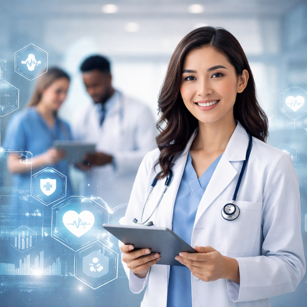 Professional healthcare digital marketing image showing a confident doctor using a tablet in a modern medical environment with subtle digital health interface elements in the background.